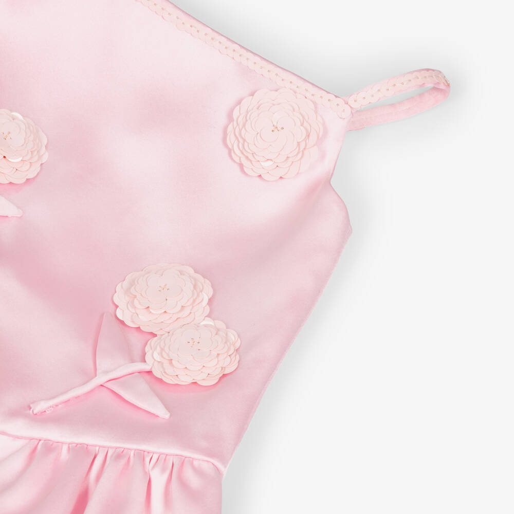 Self-Portrait-Girls Pastel Pink Satin Dress with Sequin Flowers | Childrensalon