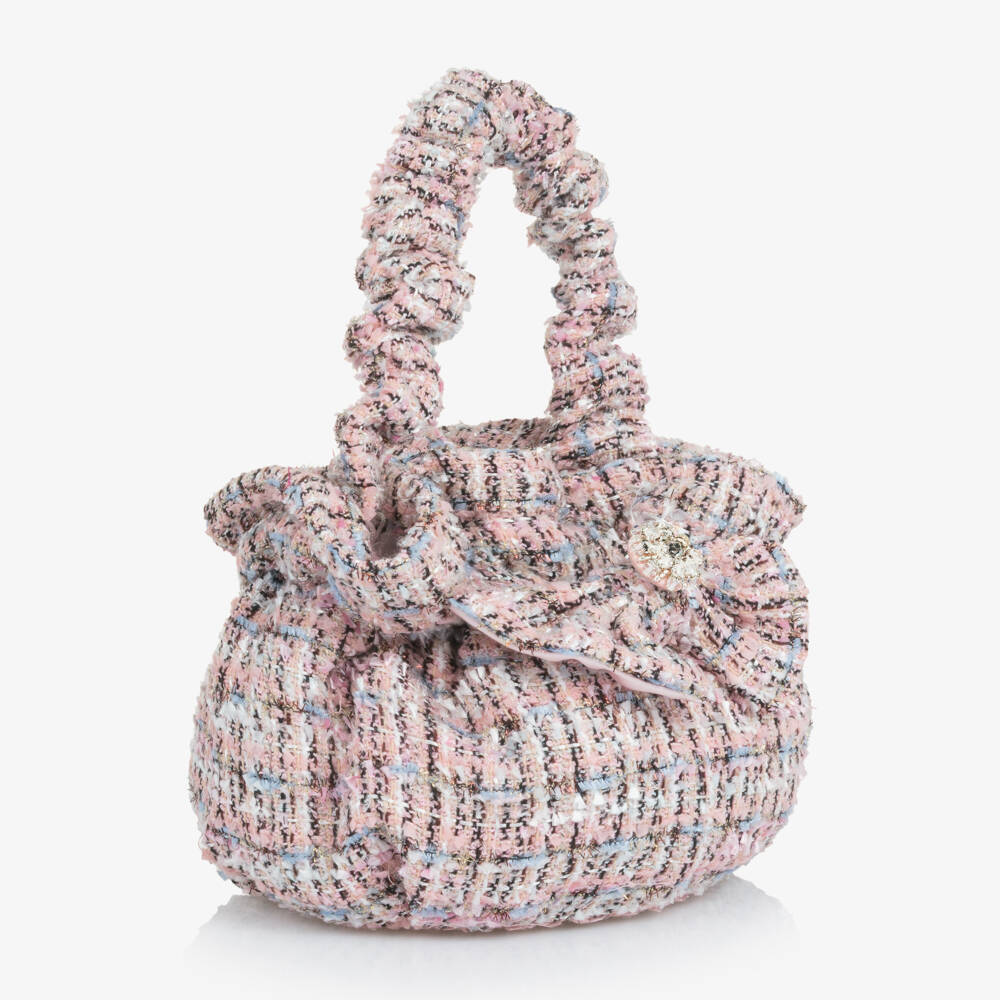 Self-Portrait-Girls Pink & Blue Glittery Tweed Handbag with Bow (18cm) | Childrensalon