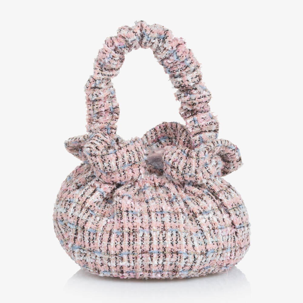 Self-Portrait-Girls Pink & Blue Glittery Tweed Handbag with Bow (18cm) | Childrensalon