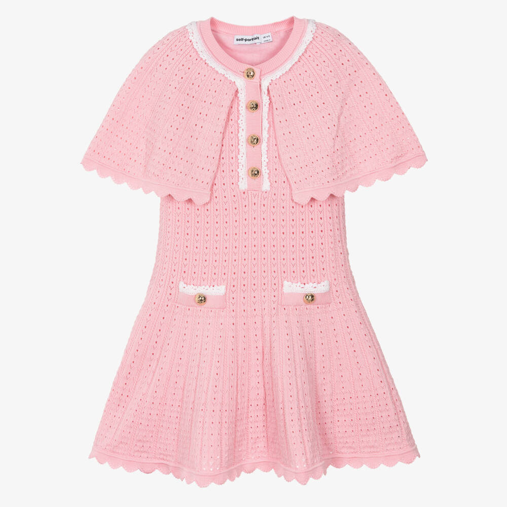 Self-Portrait-Girls Pink Cape-Style Pointelle Knit Patterned Dress | Childrensalon