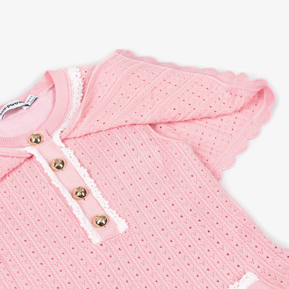 Self-Portrait-فستان محبوك بتصميم كيب ونقشة بوانتيل لون زهري للبنات | Childrensalon