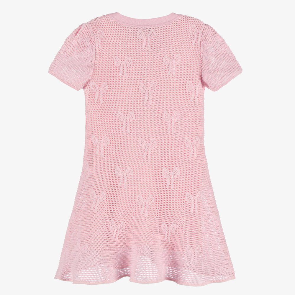 Self-Portrait-Girls Pink Knitted Cotton Bow Dress with Patch Pockets | Childrensalon