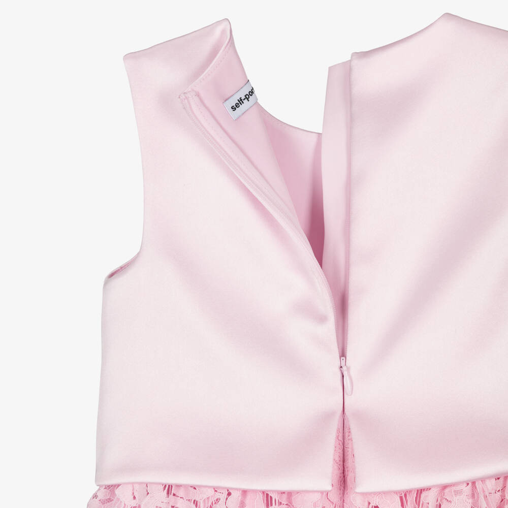 Self-Portrait-Girls Pink Satin & Lace Dress with Diamanté Buttons | Childrensalon
