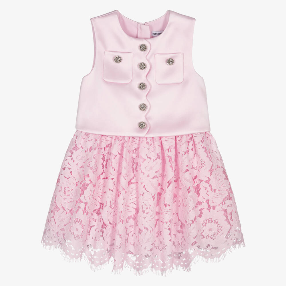 Self-Portrait-Girls Pink Satin & Lace Dress with Diamanté Buttons | Childrensalon