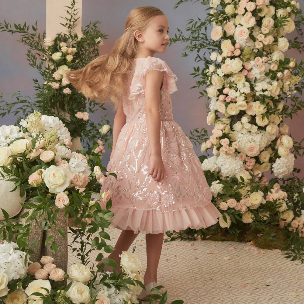 Self-Portrait-Girls Pink Sequin Tulle Dress | Childrensalon