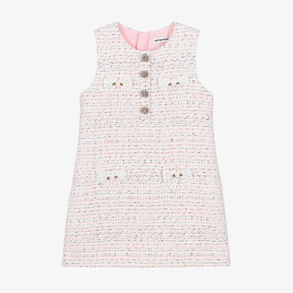Self-Portrait-Girls Pink Tweed Dress with Diamanté Buttons | Childrensalon