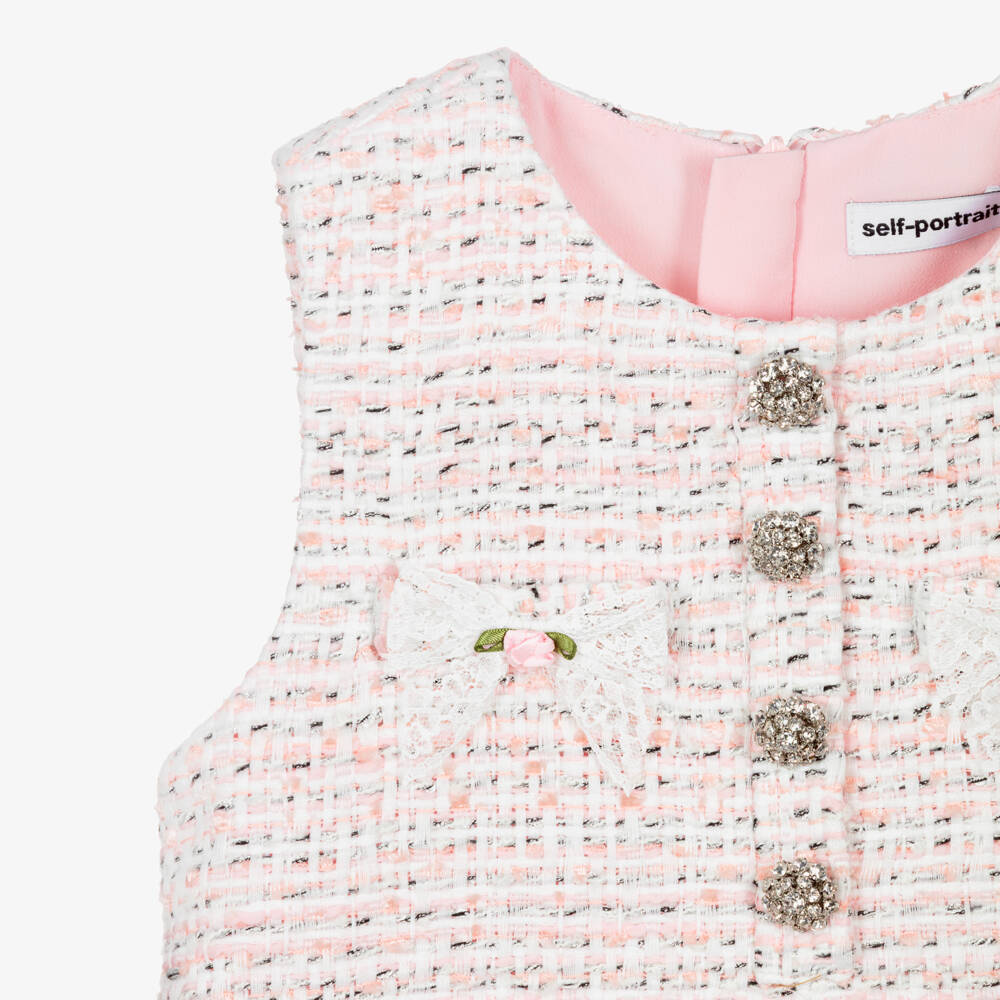 Self-Portrait-Girls Pink Tweed Dress with Diamanté Buttons | Childrensalon