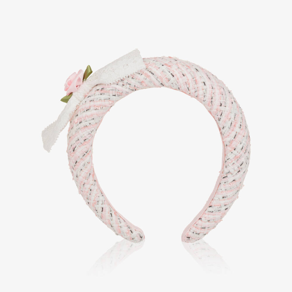 Self-Portrait-Girls Pink Tweed Hairband with Lace Bow | Childrensalon