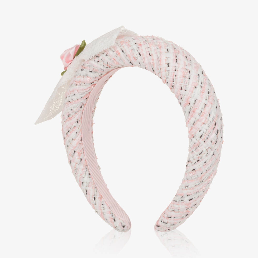 Self-Portrait-Girls Pink Tweed Hairband with Lace Bow | Childrensalon
