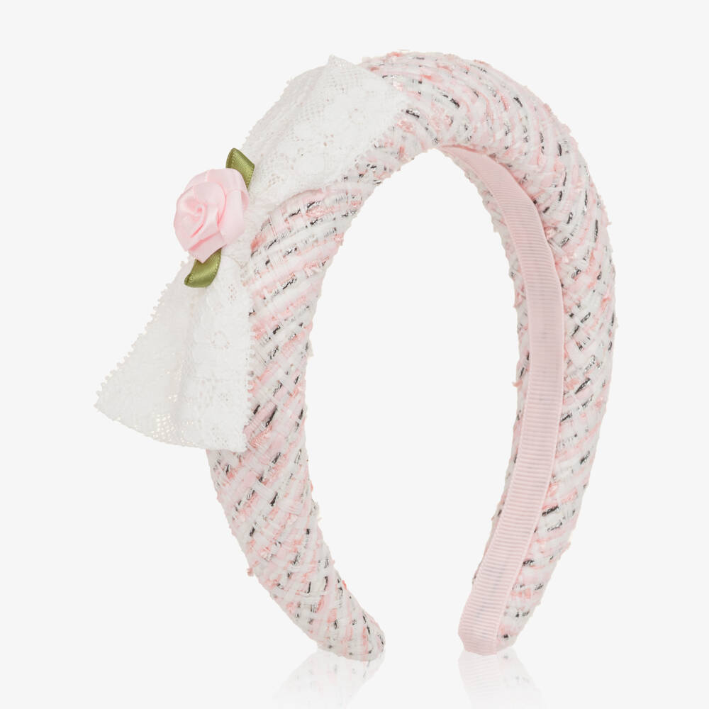 Self-Portrait-Girls Pink Tweed Headband with Lace Bow | Childrensalon