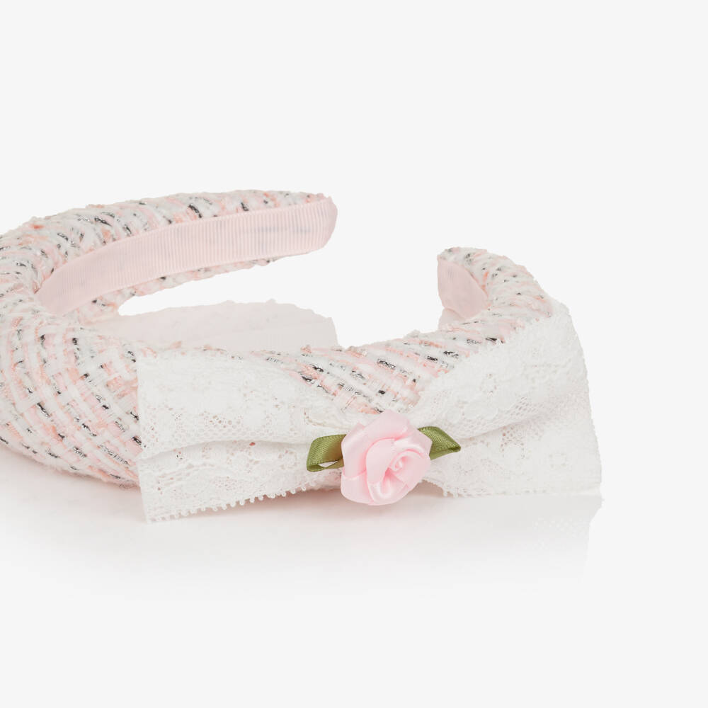 Self-Portrait-Girls Pink Tweed Headband with Lace Bow | Childrensalon