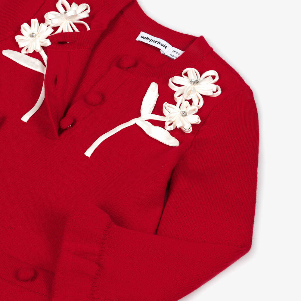 Self-Portrait-Girls Red Knitted Dress with Ivory Satin Flowers | Childrensalon