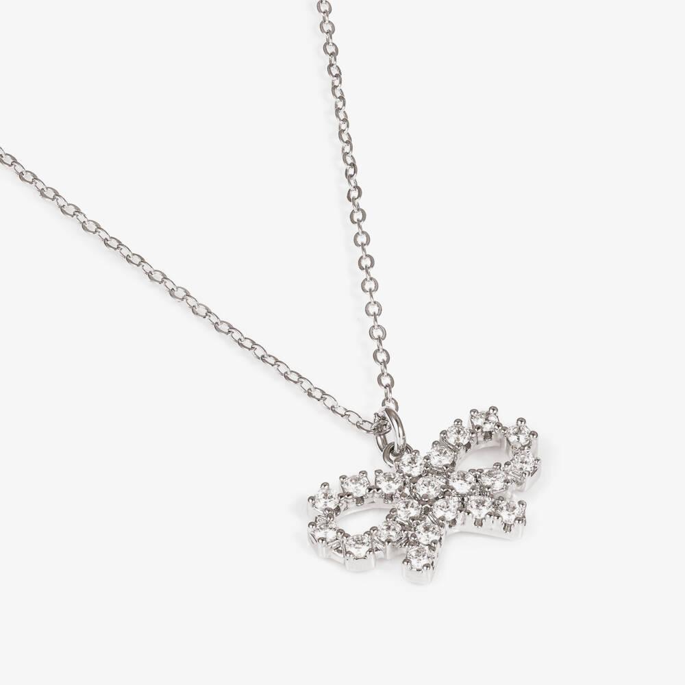 Self-Portrait-Girls Silver Micro Crystal Bow Necklace (50cm) | Childrensalon