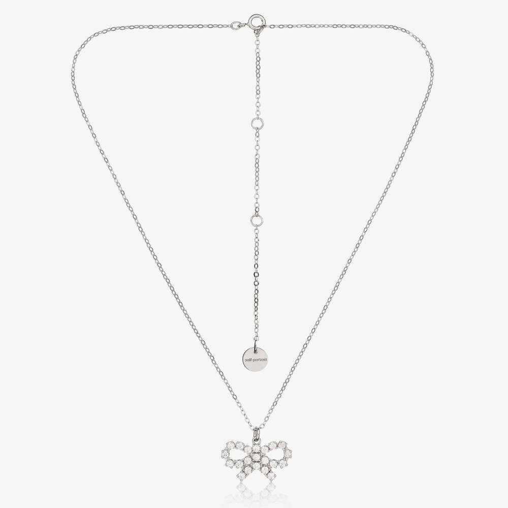 Self-Portrait-Girls Silver Micro Crystal Bow Necklace (50cm) | Childrensalon