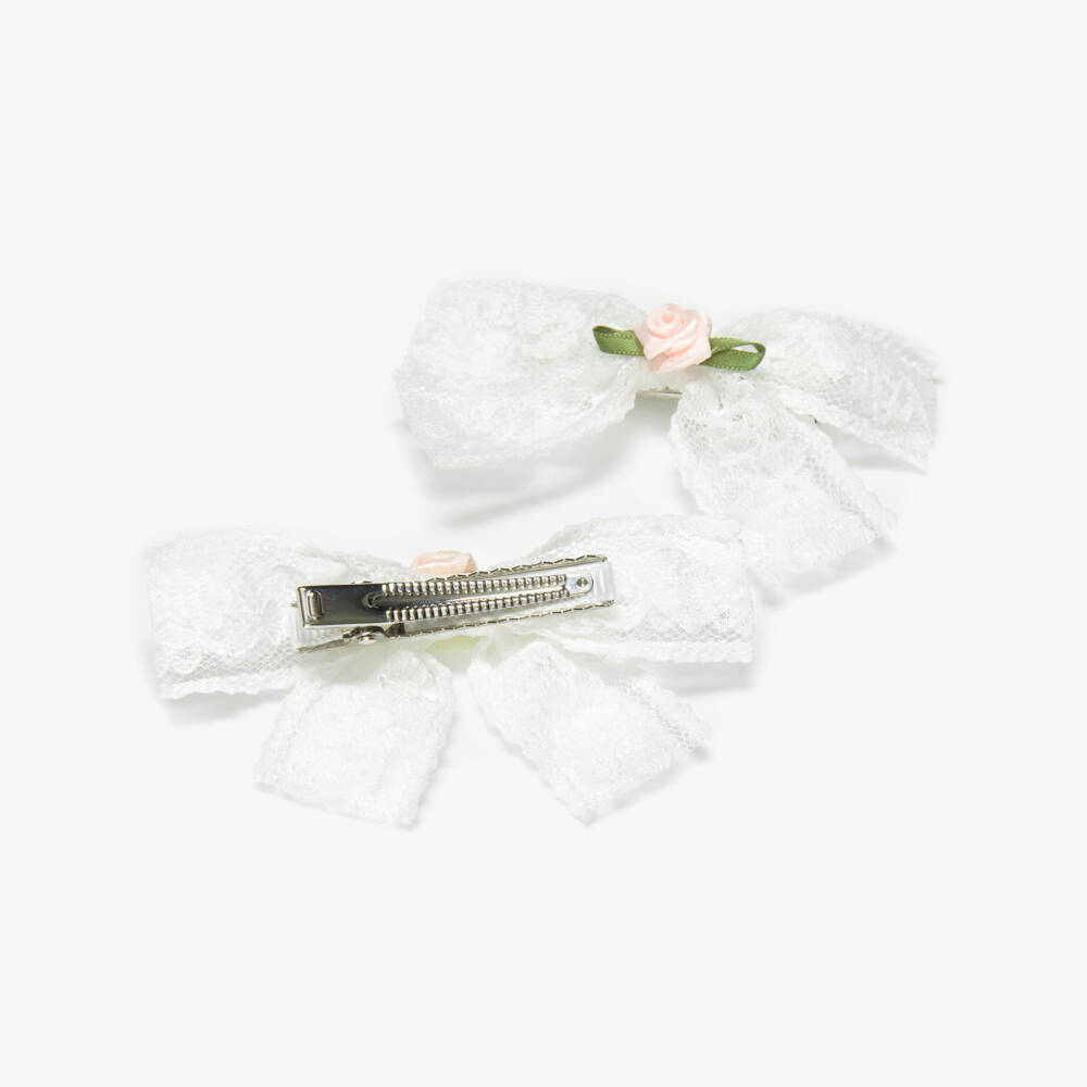 Self-Portrait-Girls White Lace Hair Clips with Pink Roses (4 Pack) | Childrensalon