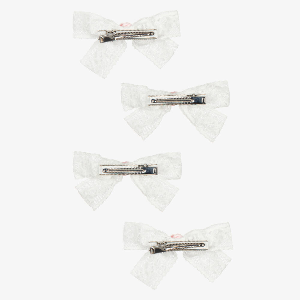 Self-Portrait-Girls White Lace Hair Clips with Pink Roses (4 Pack) | Childrensalon