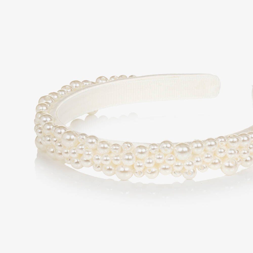 Self-Portrait-Girls White Pearl Bead & Satin Hairband | Childrensalon