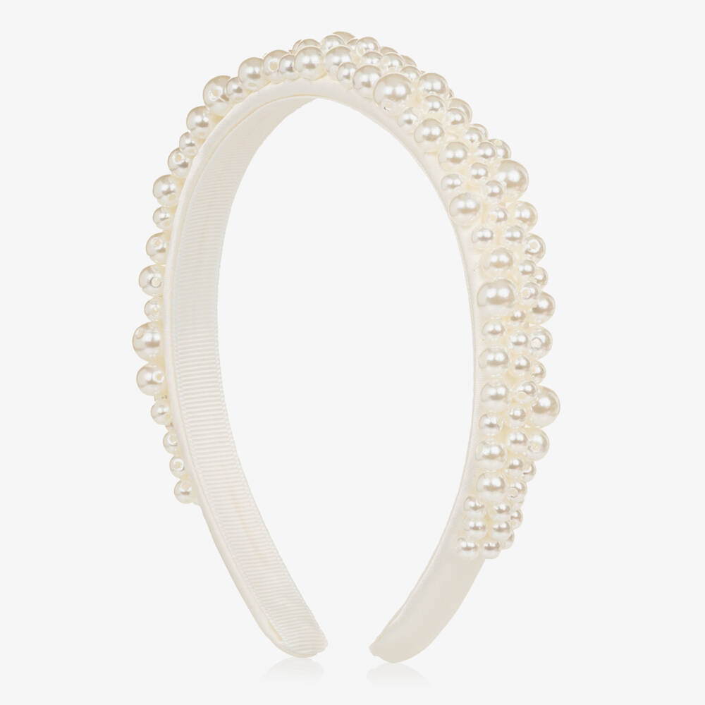 Self-Portrait-Girls White Pearl Bead & Satin Hairband | Childrensalon