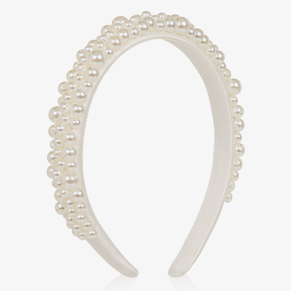 Self-Portrait-Girls White Pearl Bead & Satin Hairband | Childrensalon
