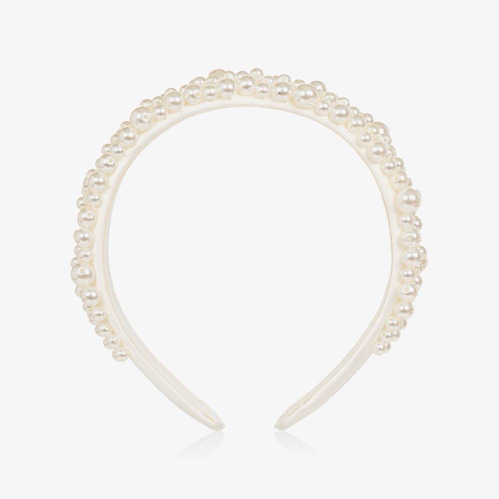 Self-Portrait-Girls White Pearl Bead & Satin Hairband | Childrensalon