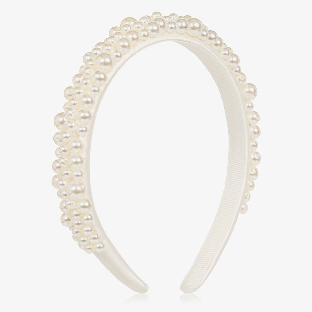 Self-Portrait-Girls White Pearl Bead & Satin Hairband | Childrensalon