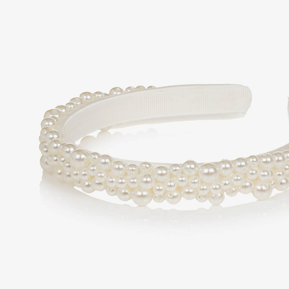 Self-Portrait-Girls White Pearl Bead & Satin Headband | Childrensalon