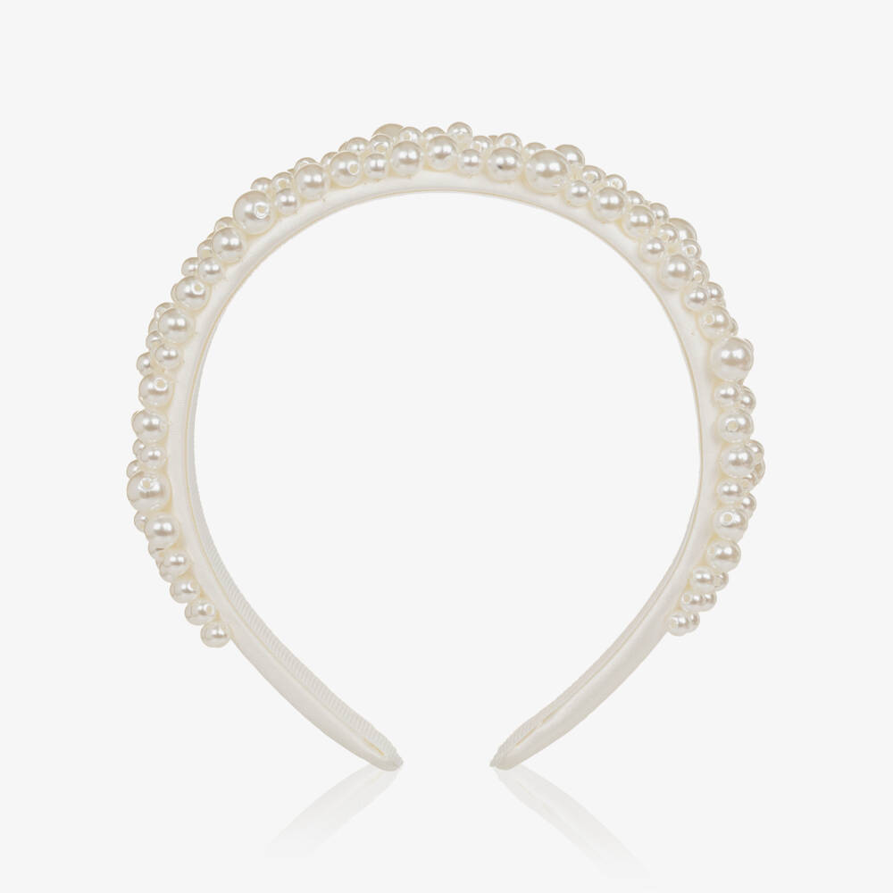 Self-Portrait-Girls White Pearl Bead & Satin Headband | Childrensalon