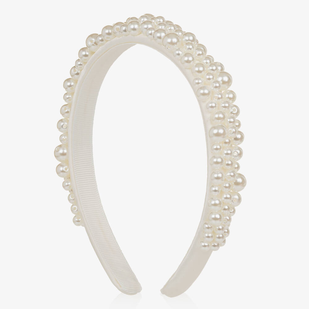 Self-Portrait-Girls White Pearl Bead & Satin Headband | Childrensalon