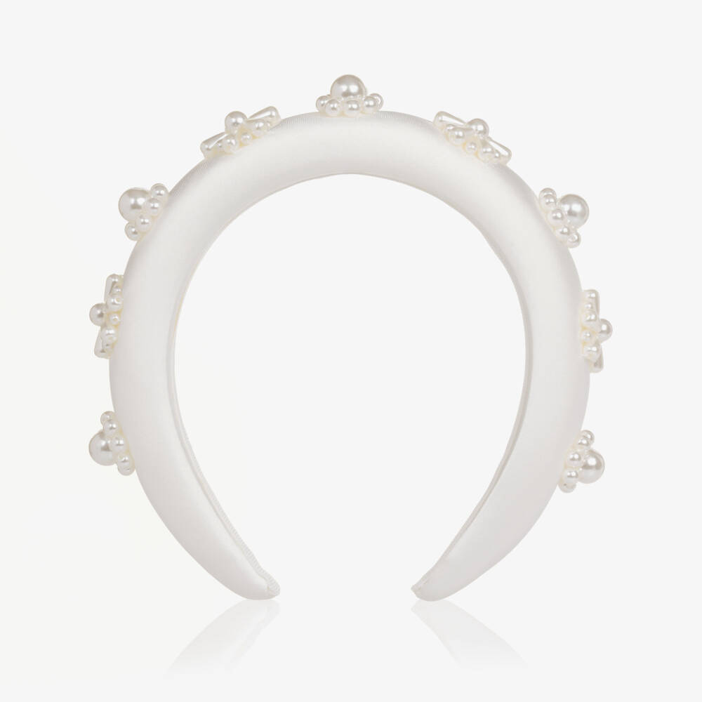 Self-Portrait-Girls White Satin Hairband with Pearl Flowers | Childrensalon