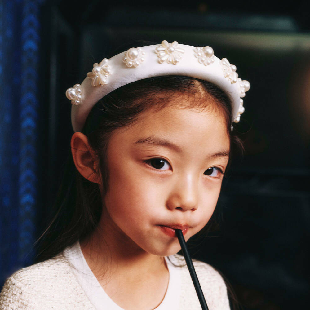 Self-Portrait-Girls White Satin Hairband with Pearl Flowers | Childrensalon