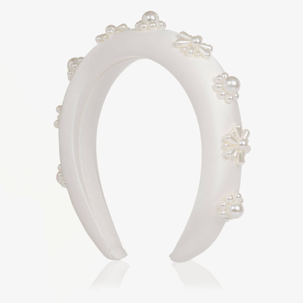 Self-Portrait-Girls White Satin Hairband with Pearl Flowers | Childrensalon