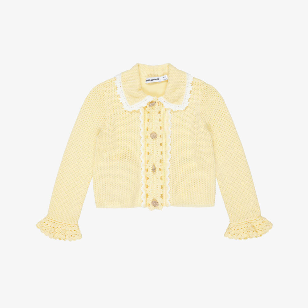 Self-Portrait-Girls Yellow Pointelle Knitted Cardigan with Seashell Buttons | Childrensalon