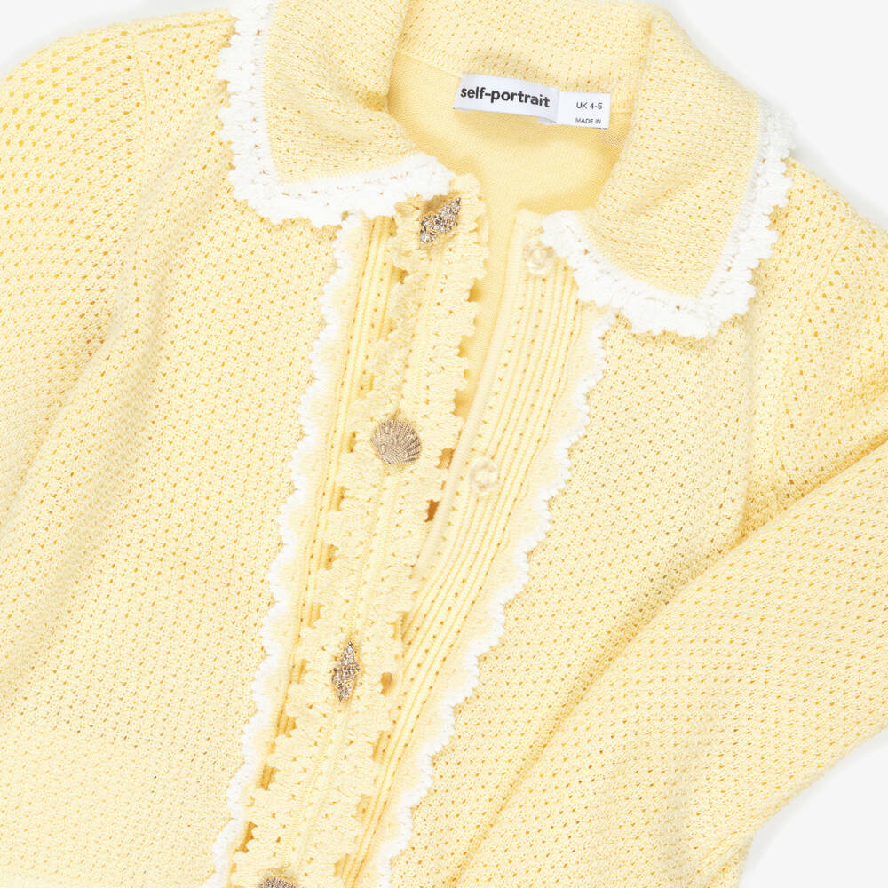 Self-Portrait-Girls Yellow Pointelle Knitted Cardigan with Seashell Buttons | Childrensalon