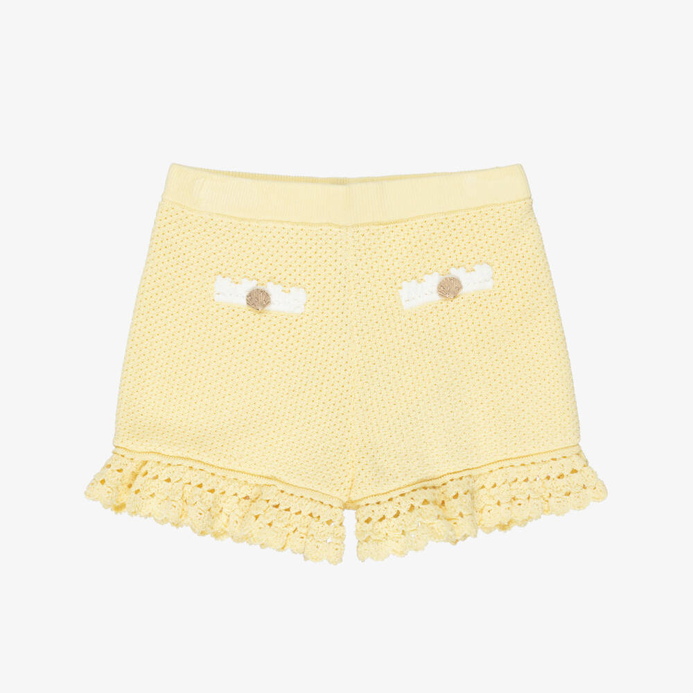 Self-Portrait-Girls Yellow Pointelle Knitted Shorts with Seashell Buttons | Childrensalon