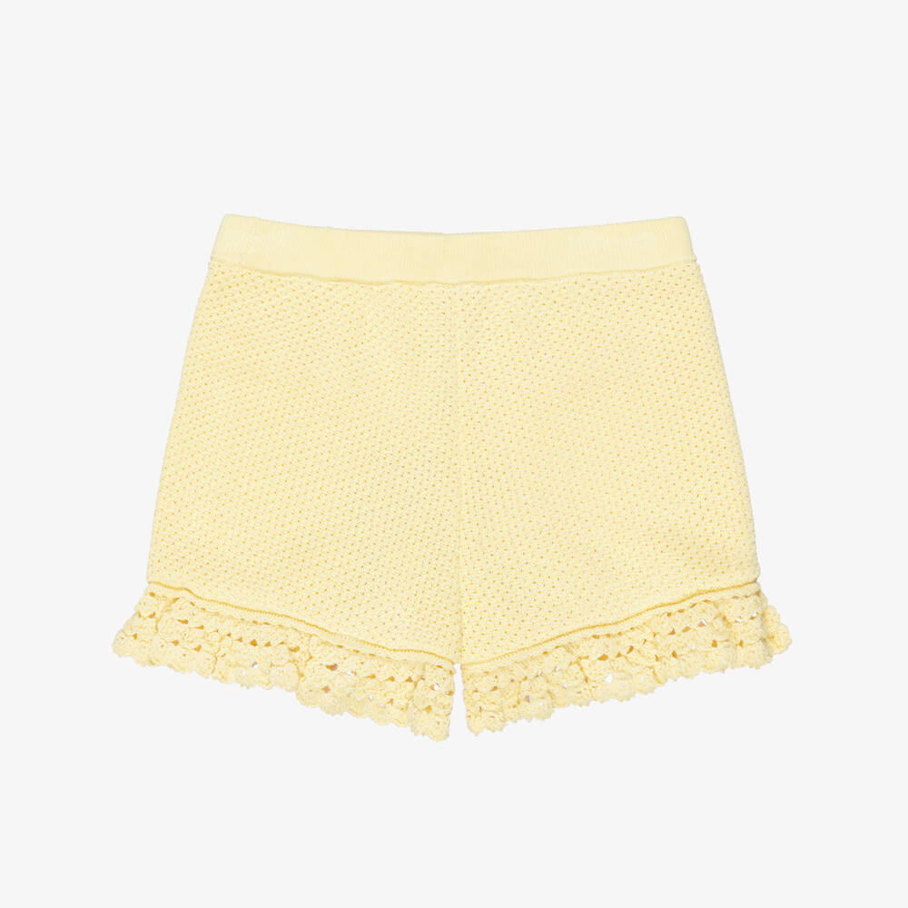 Self-Portrait-Girls Yellow Pointelle Knitted Shorts with Seashell Buttons | Childrensalon