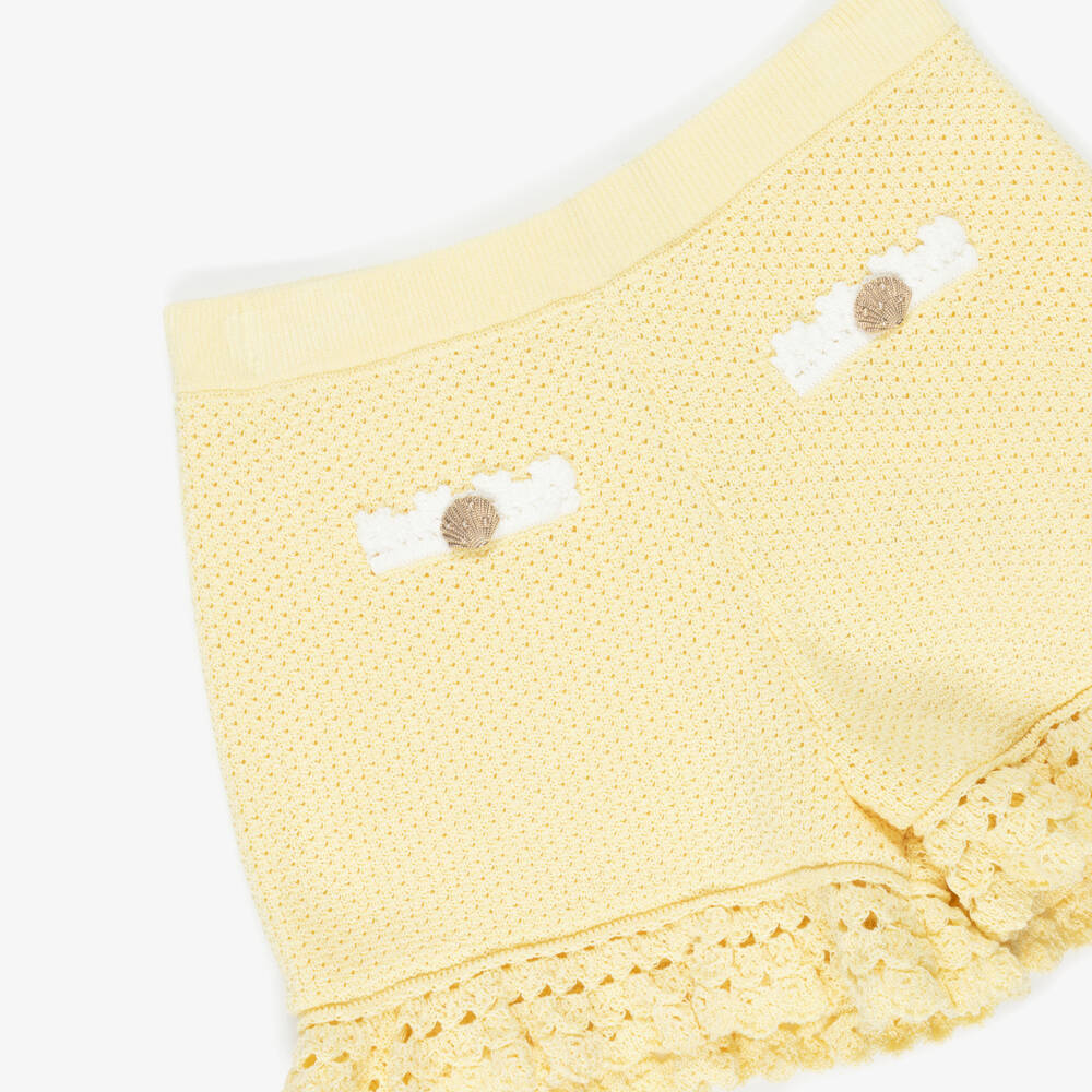 Self-Portrait-Girls Yellow Pointelle Knitted Shorts with Seashell Buttons | Childrensalon