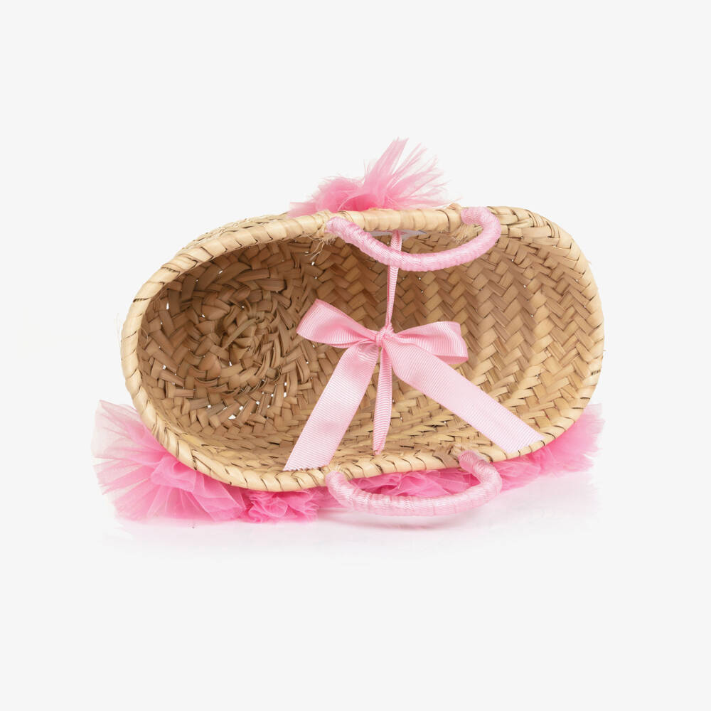 Selini Action-Соломенная корзина кремовая с розовой тюлевой отделкой для девочек (27см) | Childrensalon