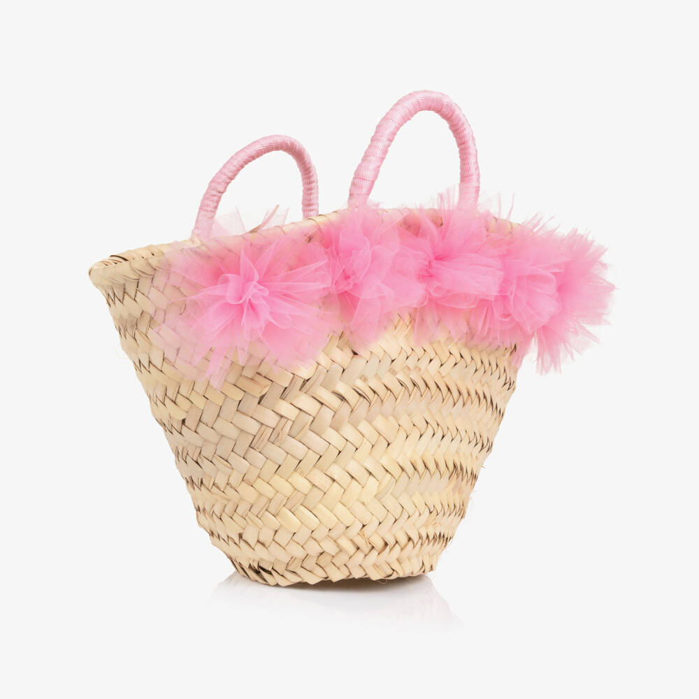 Selini Action-Соломенная корзина кремовая с розовой тюлевой отделкой для девочек (27см) | Childrensalon