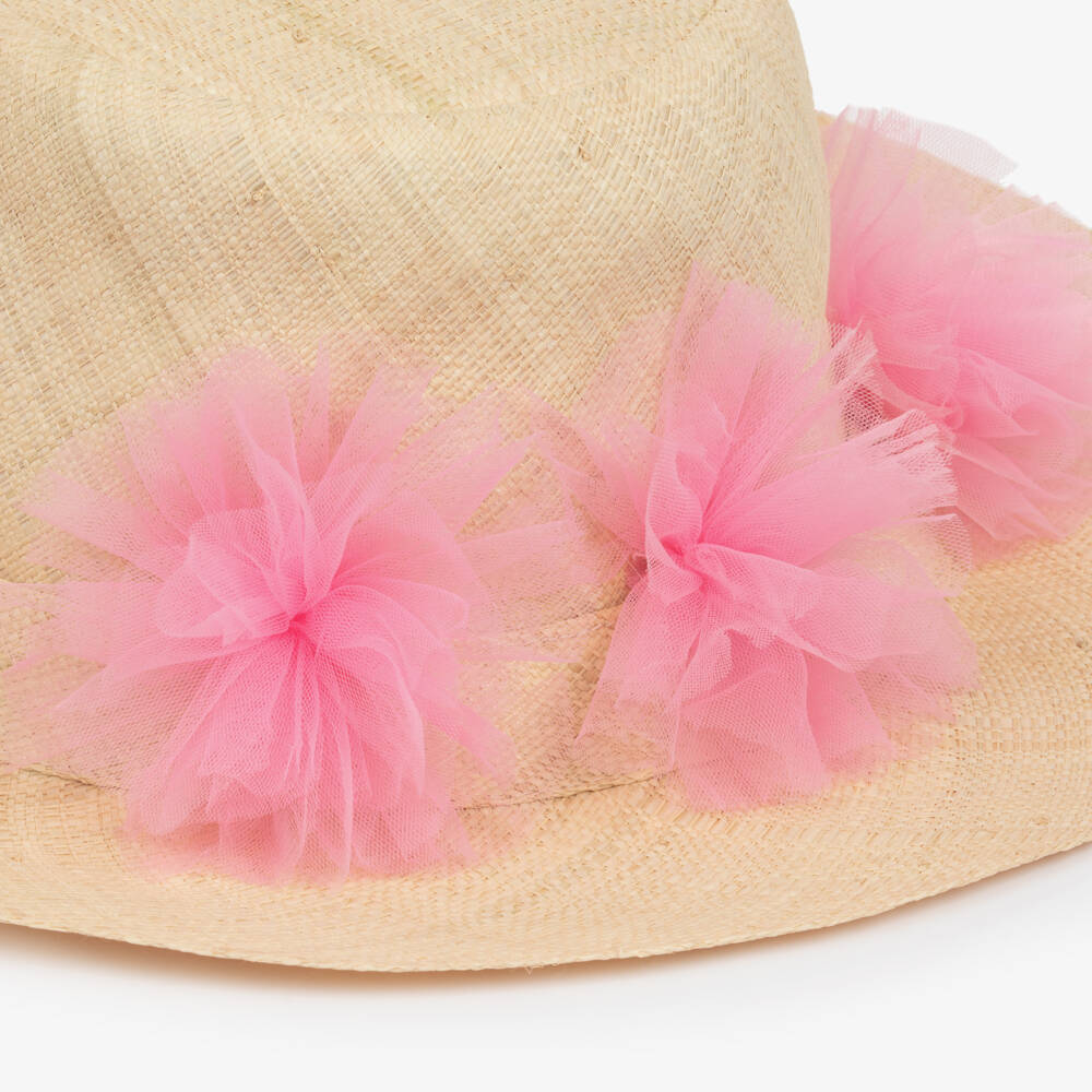 Selini Action-Girls Beige Straw Hat with Pink Tulle Trim | Childrensalon
