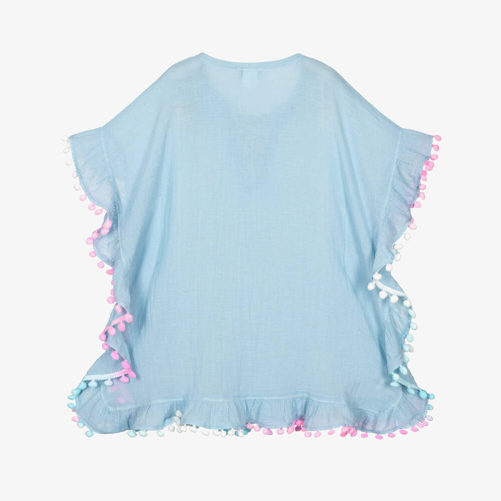 Selini Action-Пляжный кафтан голубой хлопковый с помпонами для девочек | Childrensalon