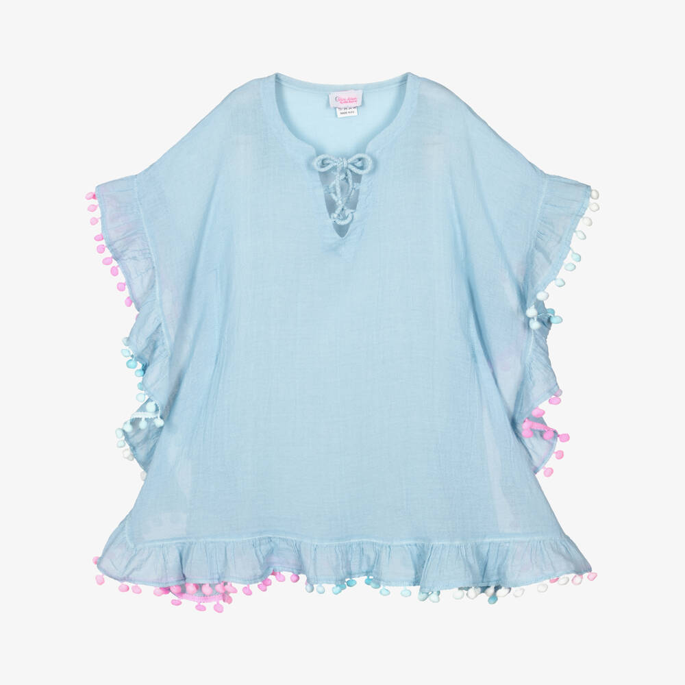 Selini Action-Girls Blue Cotton Pom-Pom Beach Kaftan | Childrensalon