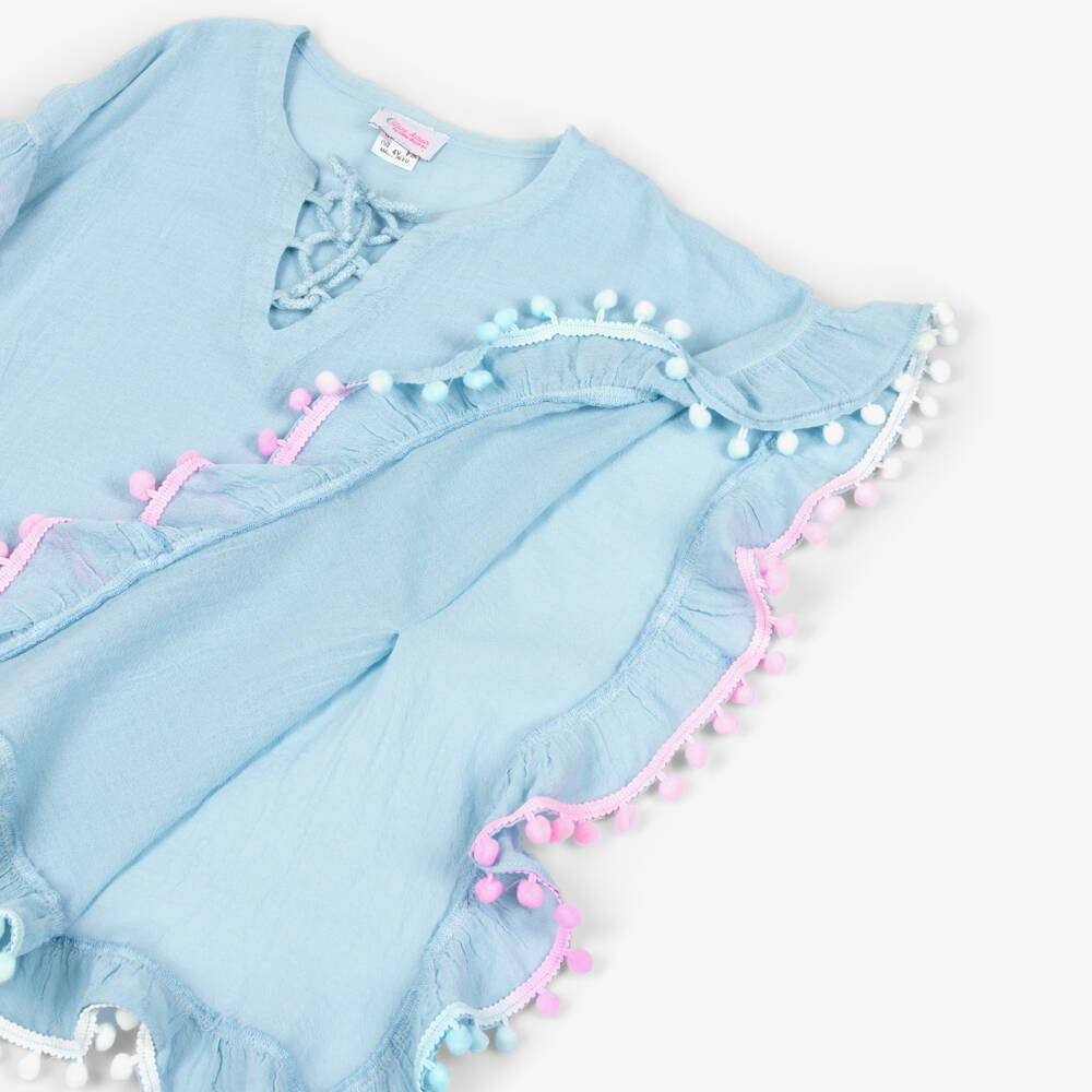 Selini Action-Пляжный кафтан голубой хлопковый с помпонами для девочек | Childrensalon