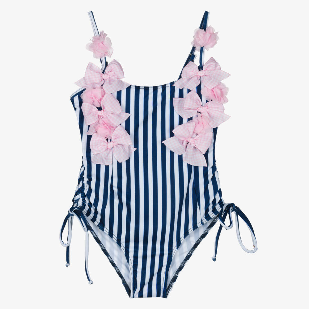 Selini Action-Girls Blue & White Stripe Swimsuit with Pink Gingham Bows | Childrensalon