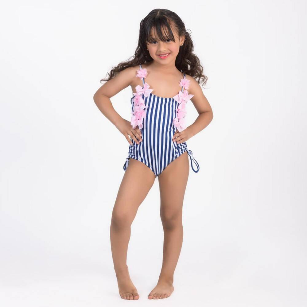 Selini Action-Girls Blue & White Stripe Swimsuit with Pink Gingham Bows | Childrensalon