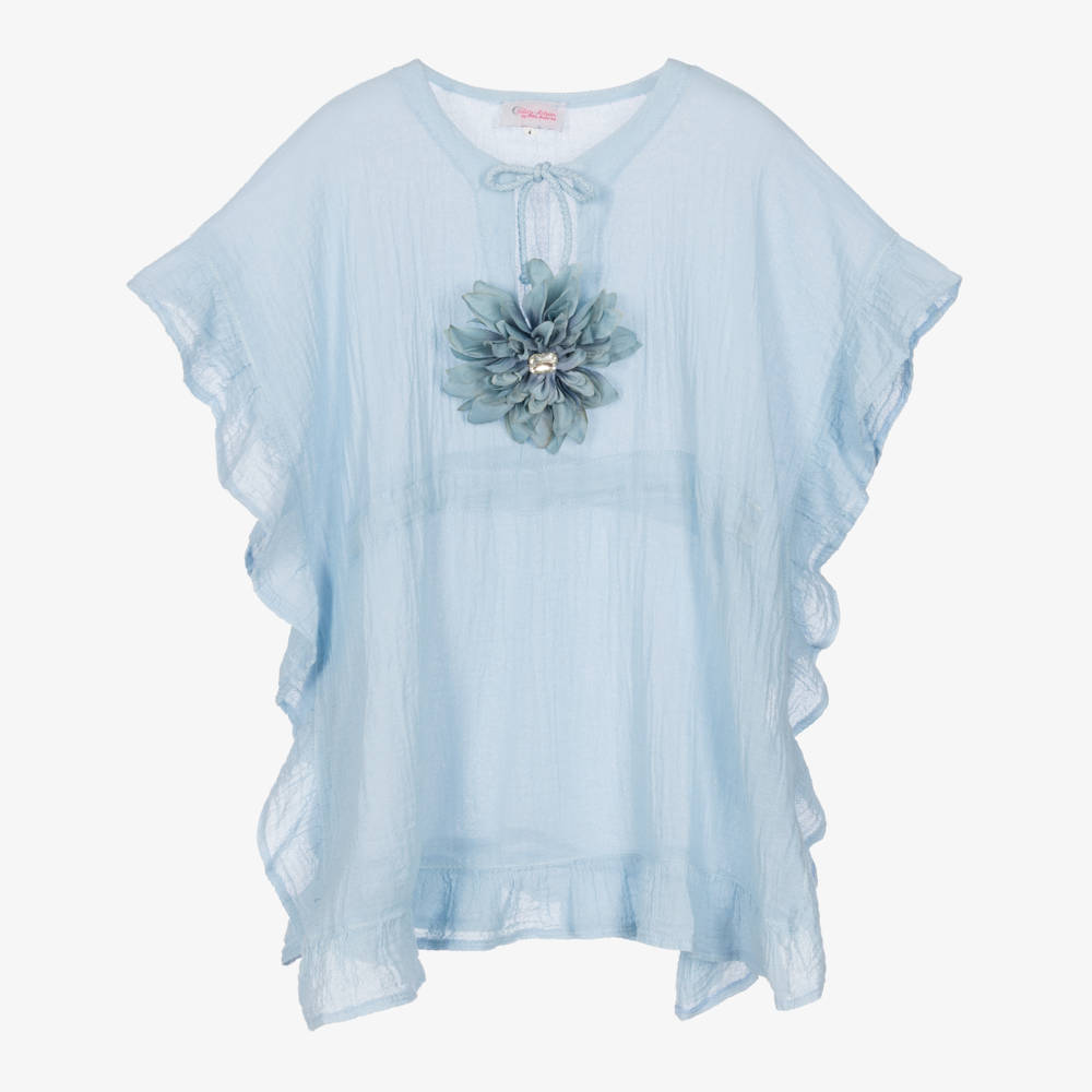 Selini Action-Girls Light Blue Cotton Beach Kaftan with Flower | Childrensalon