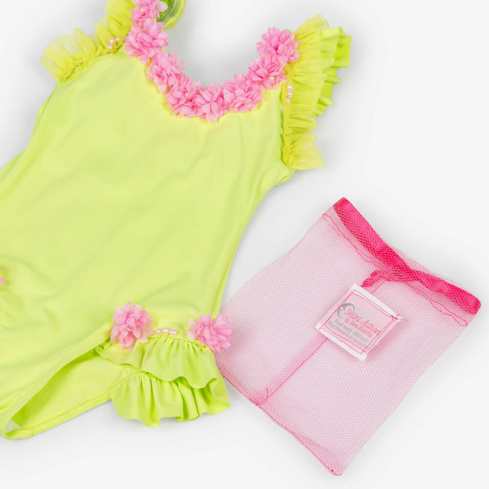 Selini Action-مايوه مزين بورود لون أخضر ليموني للبنات | Childrensalon