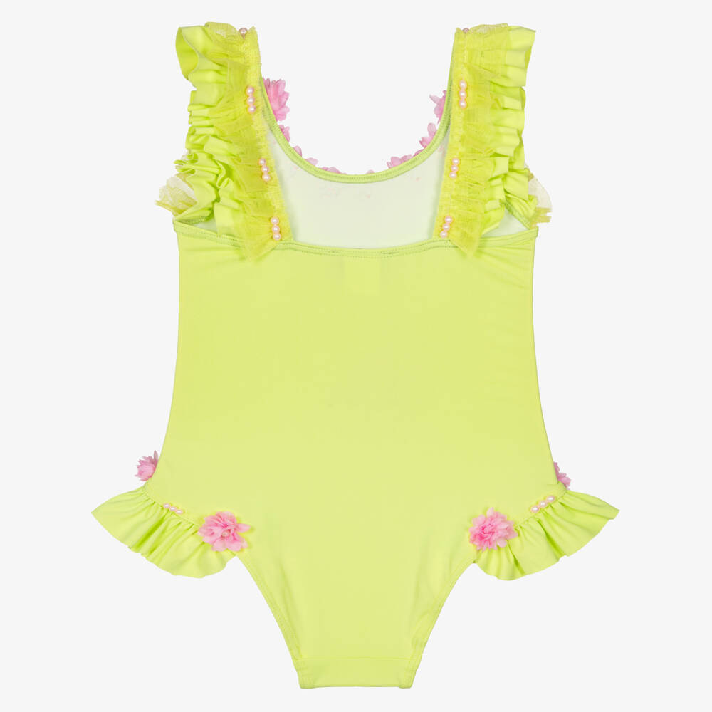 Selini Action-مايوه مزين بورود لون أخضر ليموني للبنات | Childrensalon