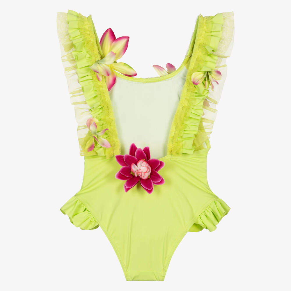 Selini Action-مايوه مزين بكشكش وزهور لون أخضر ليموني للبنات | Childrensalon