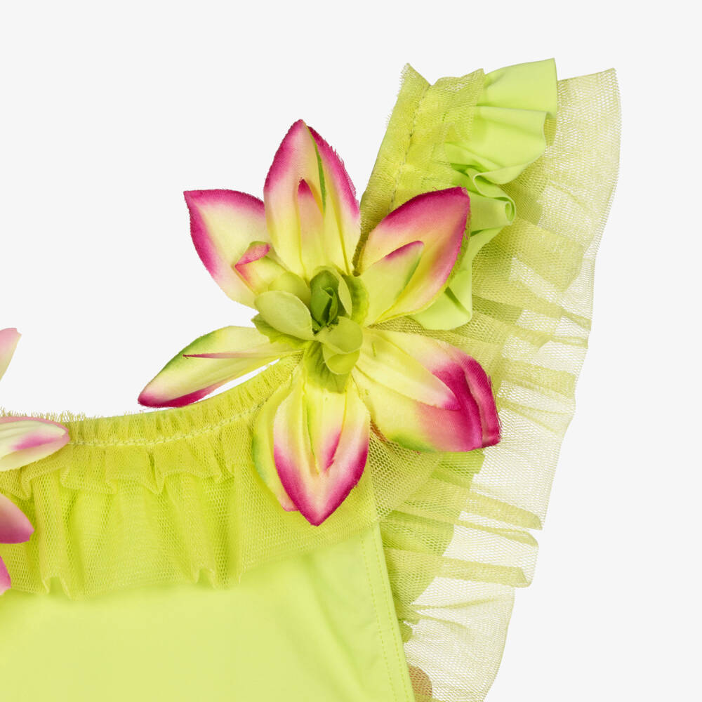 Selini Action-مايوه مزين بكشكش وزهور لون أخضر ليموني للبنات | Childrensalon