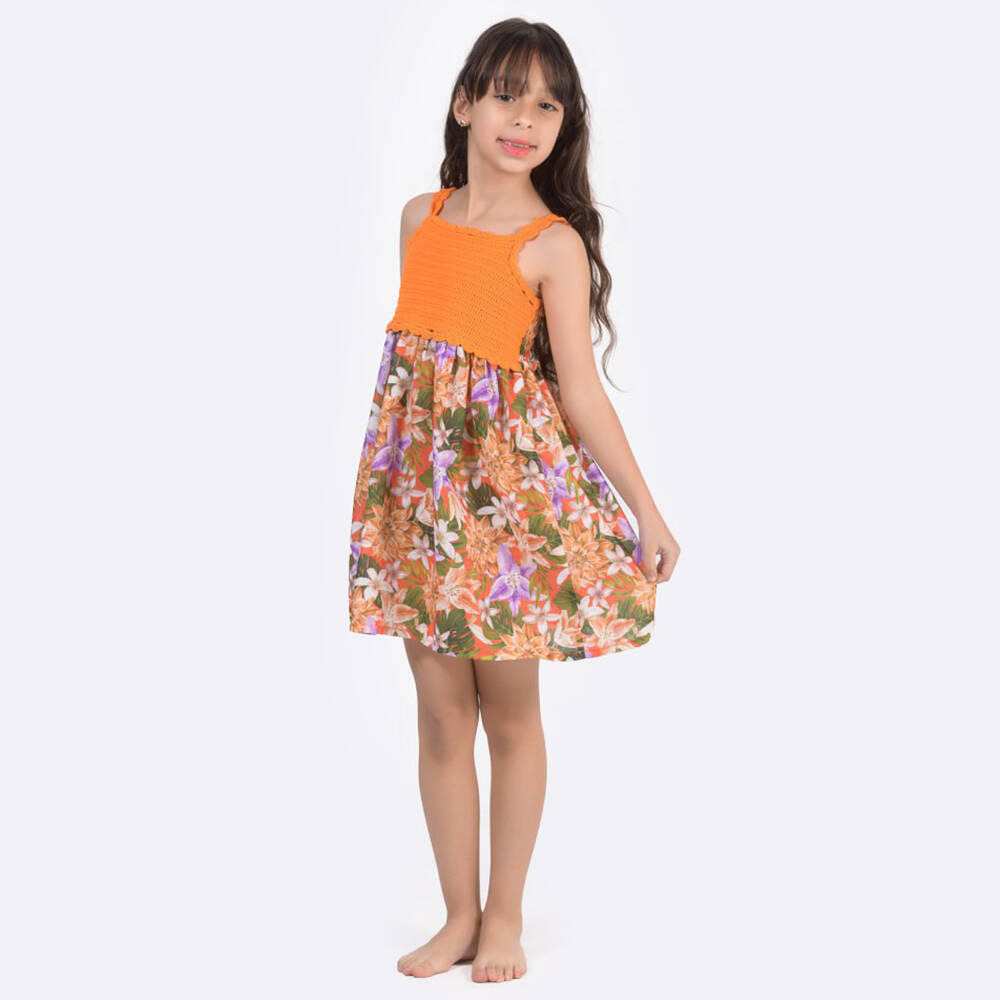 Selini Action-Girls Orange Crochet & Floral Print Dress | Childrensalon